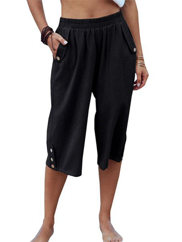 Women's Casual Cotton Elastic Waist Capris