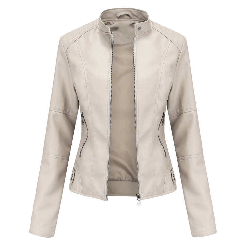 Womens Slim Leather Jacket Lightweight Casual Fashion Ivory