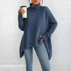 Womens Loose Fit Turtleneck Sweater Navy Blue