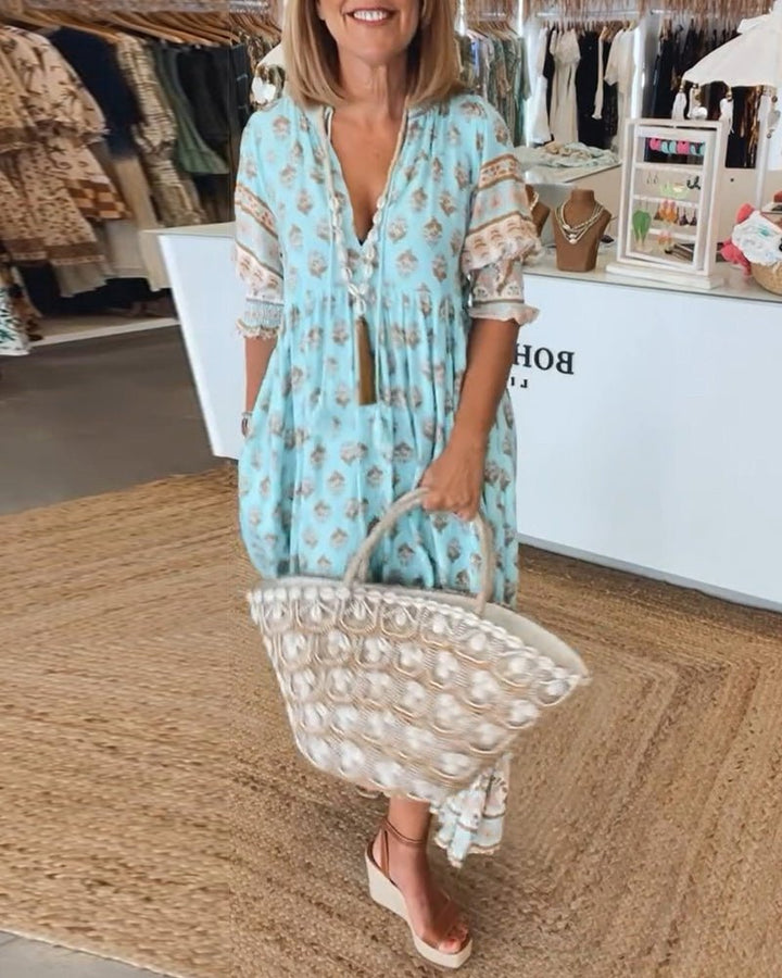 Elizabeth | Vestido midi bohemio para mujer con estampado y lazo de borlas
