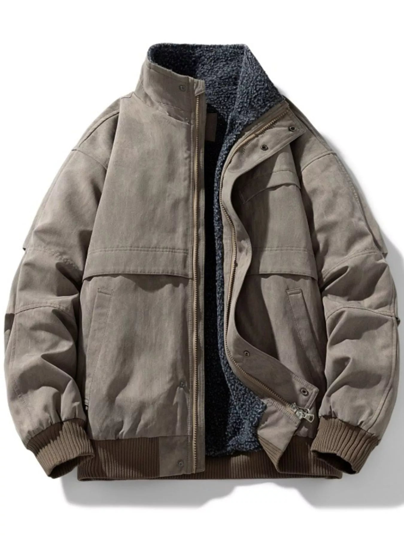 Plus-Size Sherpa Lined Bomber Jacket for Men Khaki