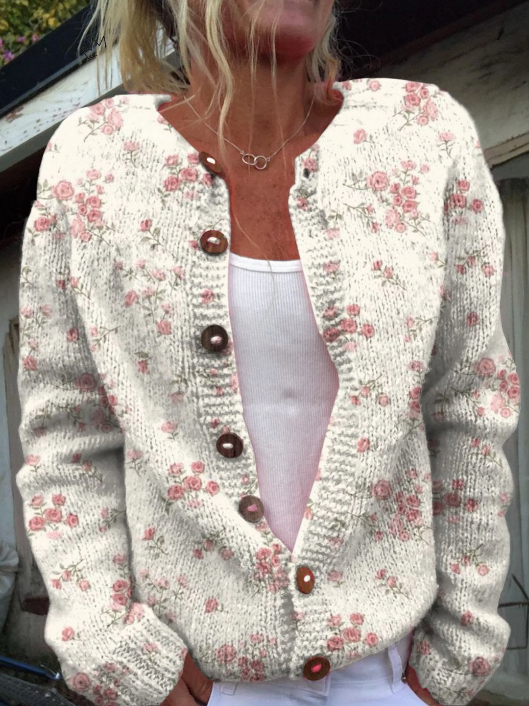 Sophia | Cardigantrøje til kvinder med knapper og pink rosenprint