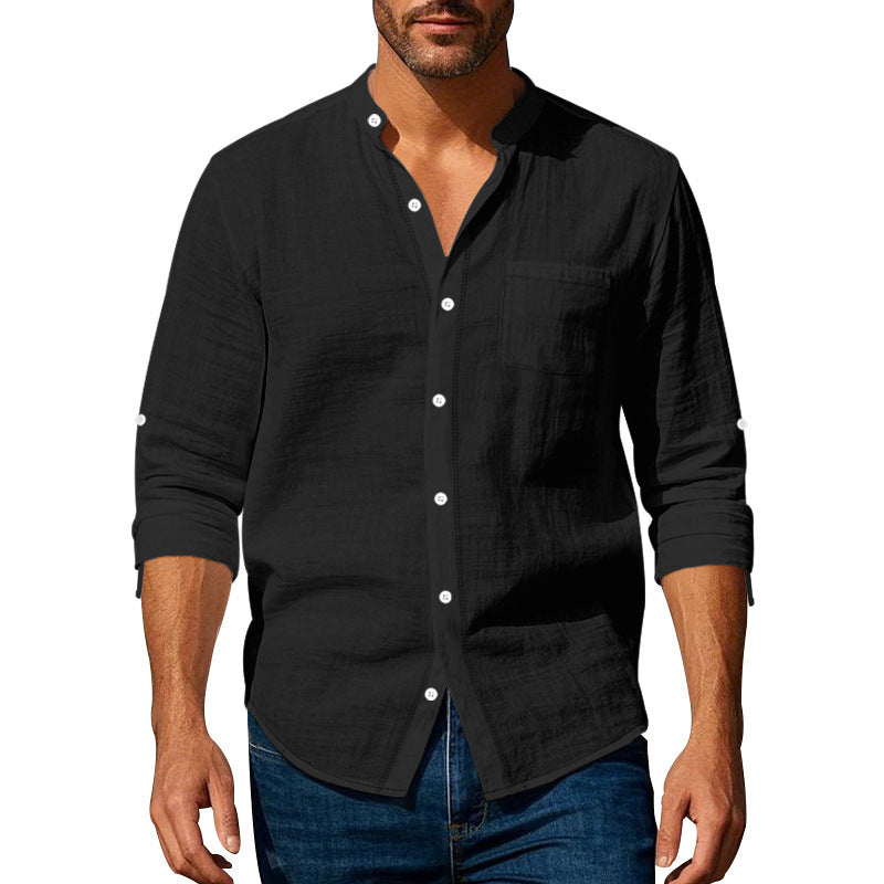 Men’s Stand‑Collar Long‑Sleeve Shirt with Pockets Black