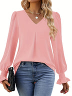 Women's Versatile V-Neck Pleated Top Light Pink
