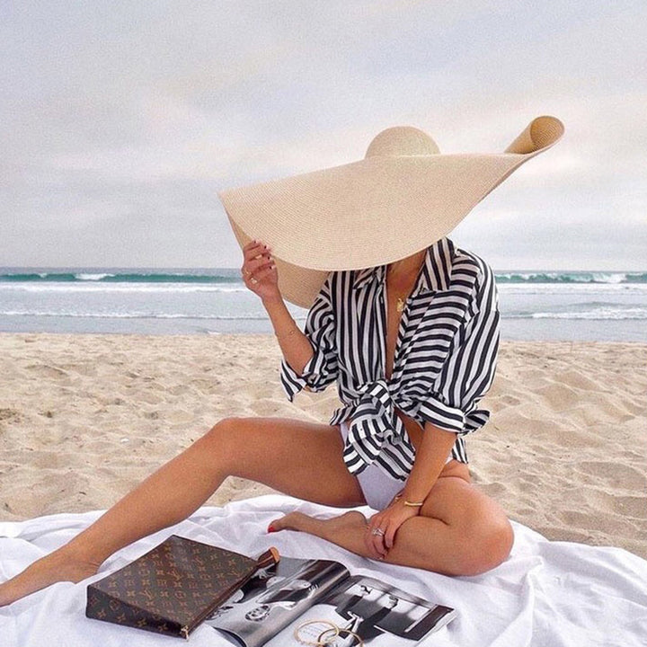 Sombrero de playa de paja con ala ancha extragrande para mujer - Protección UV