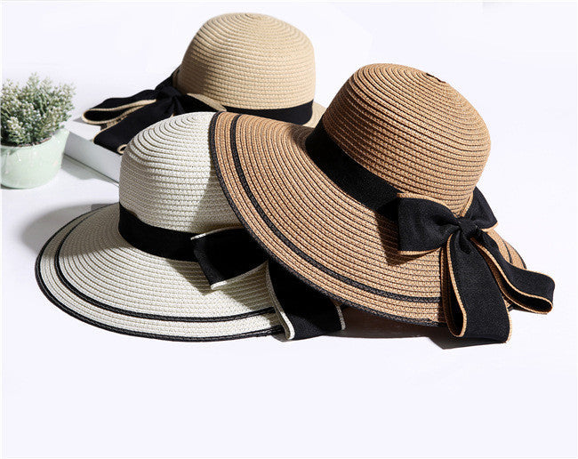 Wide Brim Black Bow Summer Sun Hat for Women - Foldable Straw Visor