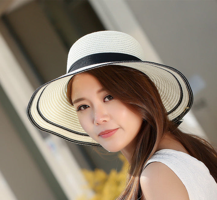 Wide Brim Black Bow Summer Sun Hat for Women - Foldable Straw Visor