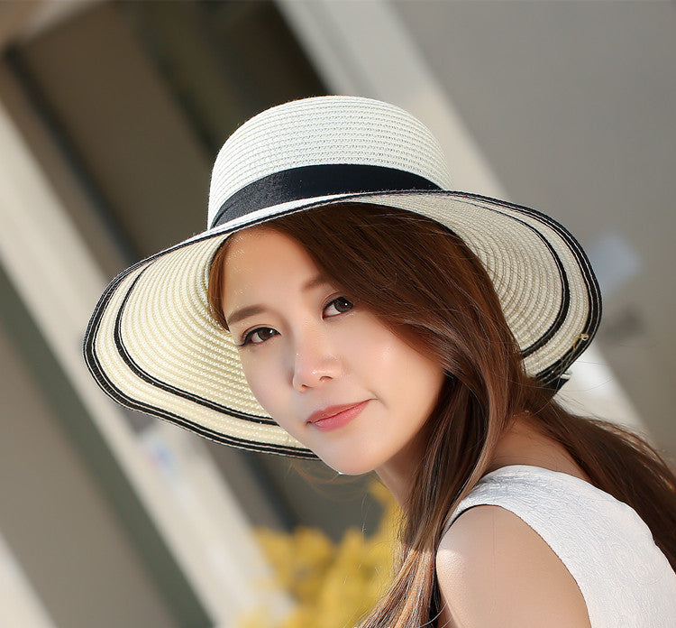 Wide Brim Black Bow Summer Sun Hat for Women - Foldable Straw Visor