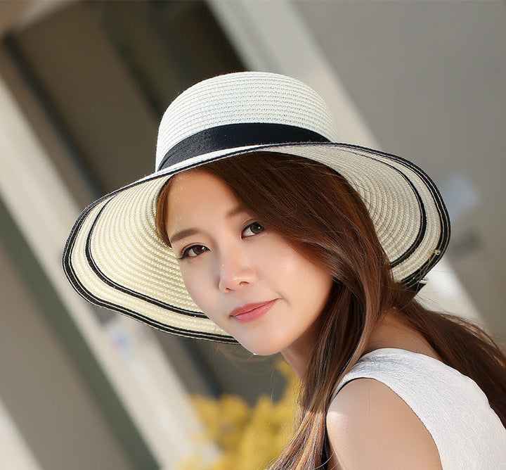 Wide Brim Black Bow Summer Sun Hat for Women - Foldable Straw Visor