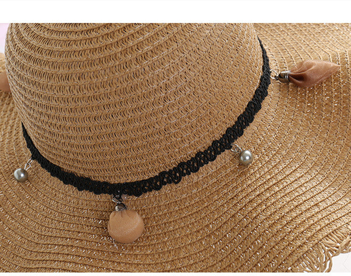 Stylish Big Beach Hat with Wavy Skirt and Leather Rope Weaving