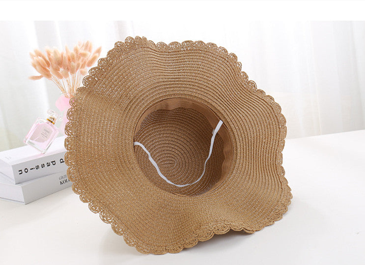 Stylish Big Beach Hat with Wavy Skirt and Leather Rope Weaving