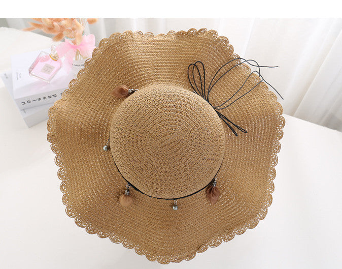 Stylish Big Beach Hat with Wavy Skirt and Leather Rope Weaving