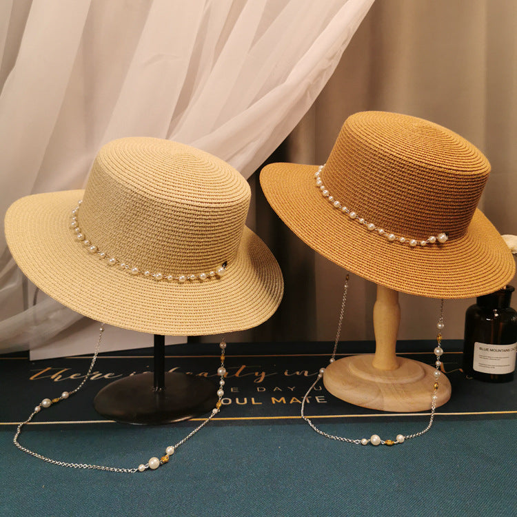 Sombrero de paja con cadena de perlas retro elegante para mujer - Moda primavera/verano