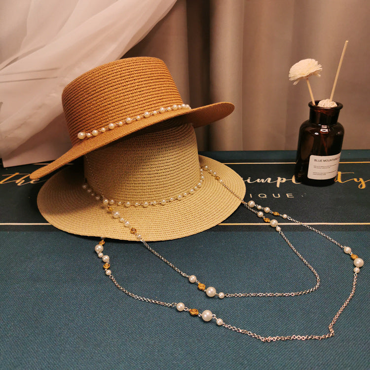 Sombrero de paja con cadena de perlas retro elegante para mujer - Moda primavera/verano