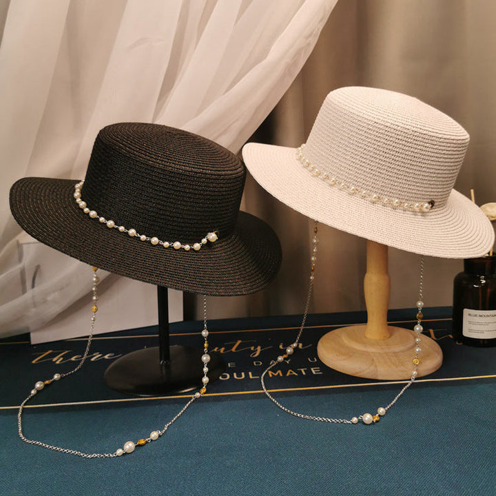 Sombrero de paja con cadena de perlas retro elegante para mujer - Moda primavera/verano