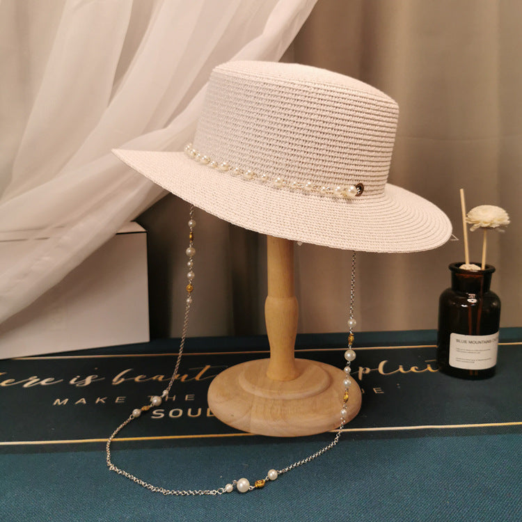 Sombrero de paja con cadena de perlas retro elegante para mujer - Moda primavera/verano