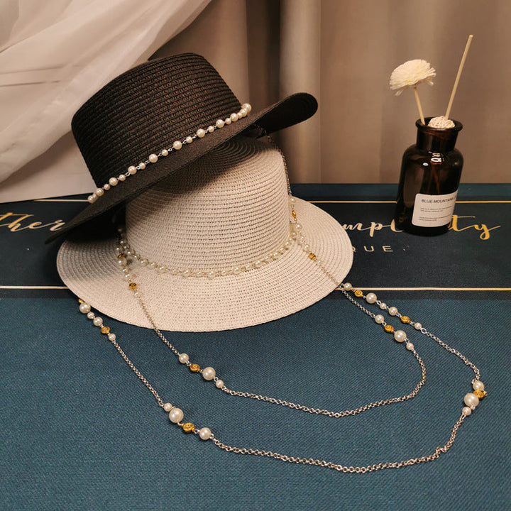 Sombrero de paja con cadena de perlas retro elegante para mujer - Moda primavera/verano