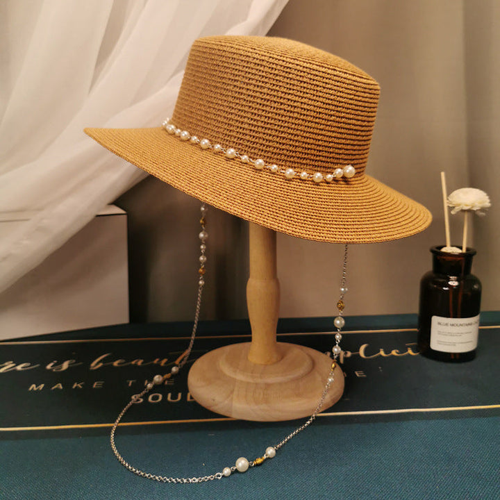 Sombrero de paja con cadena de perlas retro elegante para mujer - Moda primavera/verano