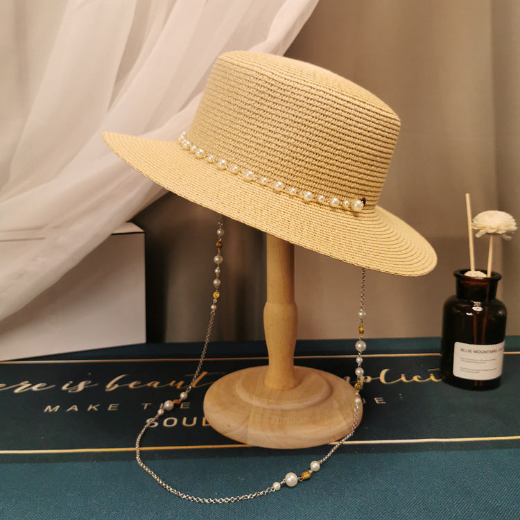Sombrero de paja con cadena de perlas retro elegante para mujer - Moda primavera/verano