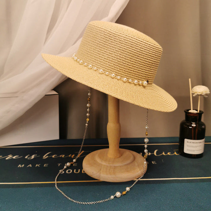 Sombrero de paja con cadena de perlas retro elegante para mujer - Moda primavera/verano