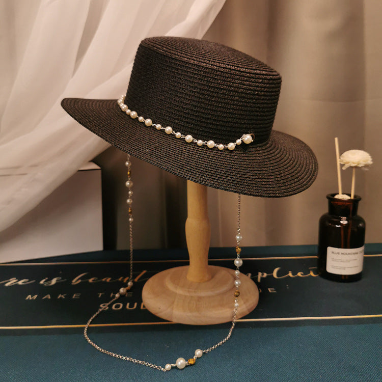 Sombrero de paja con cadena de perlas retro elegante para mujer - Moda primavera/verano