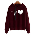 Heart Print Streetwear Hoodie Oversized Fleece Warmth Wine Red