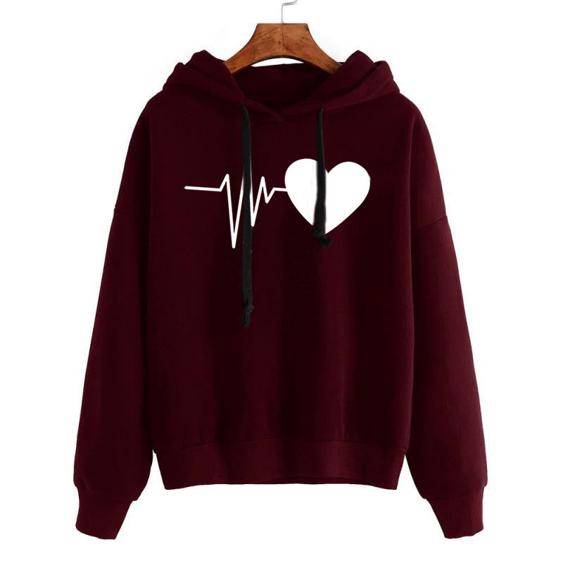 Heart Print Streetwear Hoodie Oversized Fleece Warmth Wine Red