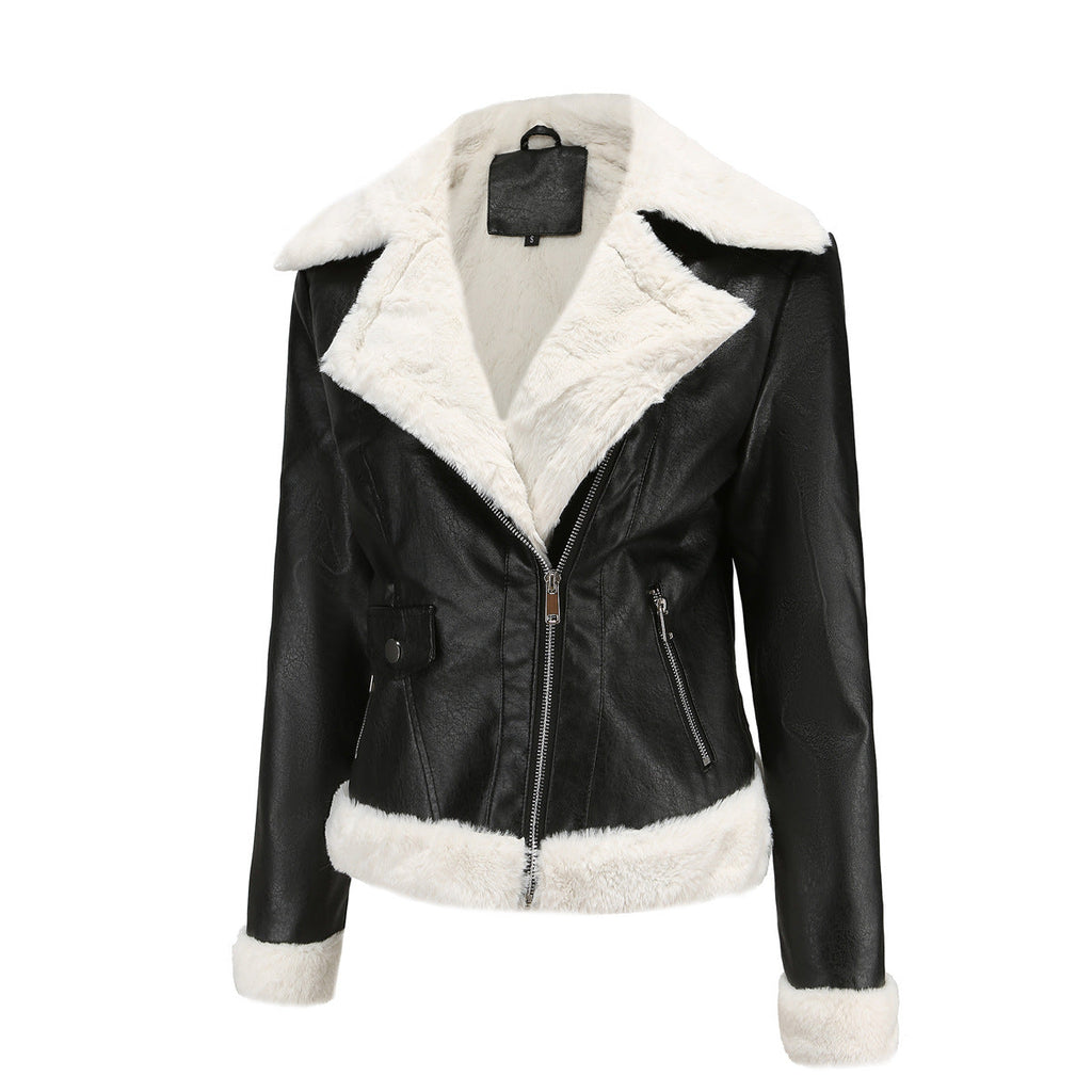 Womens Eco Leather Winter Jacket With Plush Fleece Lining