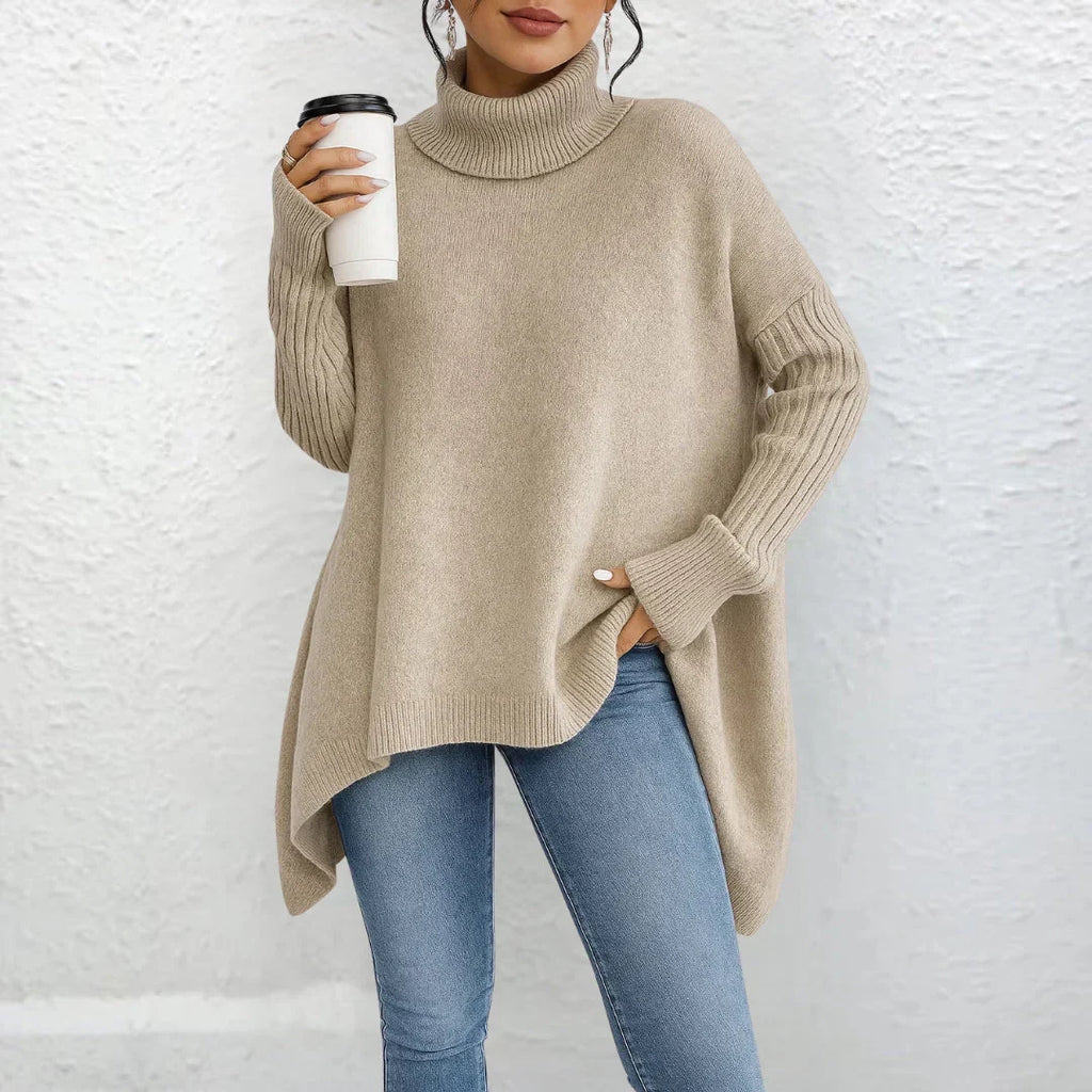 Womens Loose Fit Turtleneck Sweater Beige