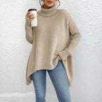 Womens Loose Fit Turtleneck Sweater Beige