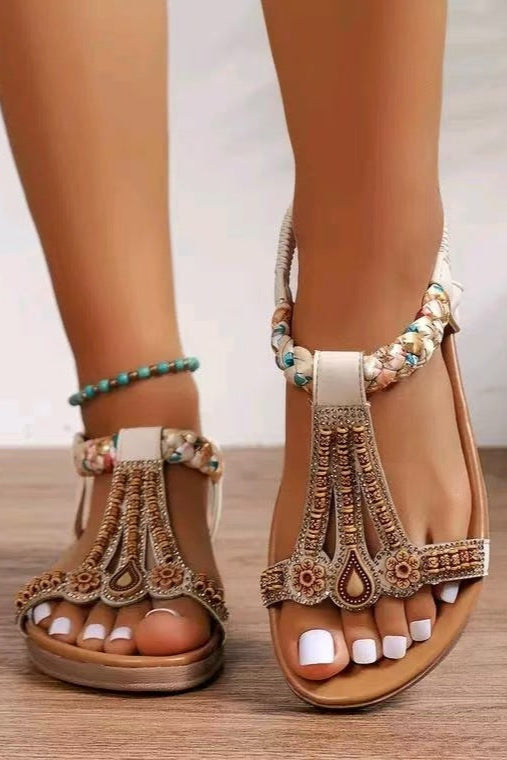 Women's Bohemian Embroidered Flat Sandals Beige