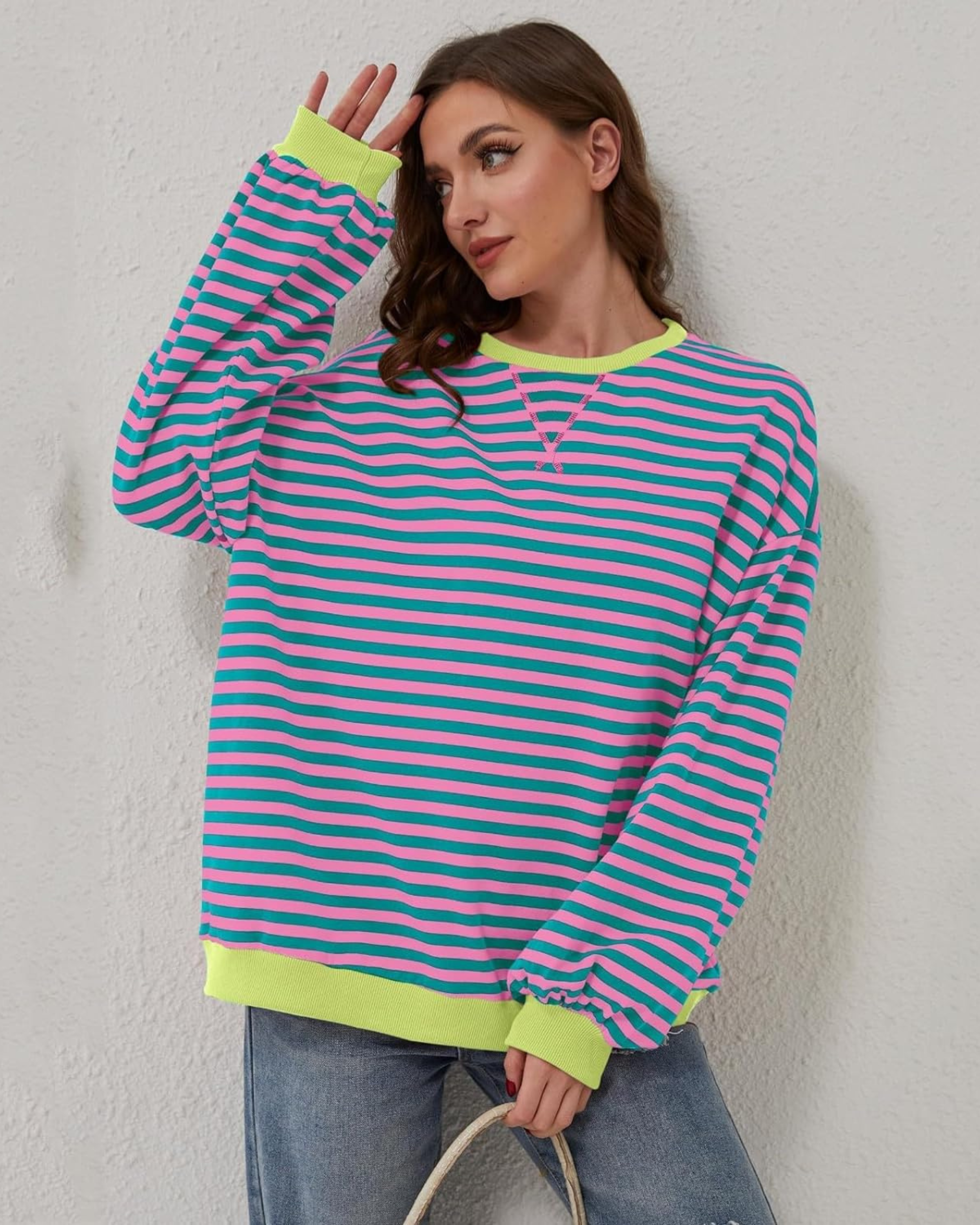 Women's Oversized Striped Sweatshirt Dark Blue - Yellow