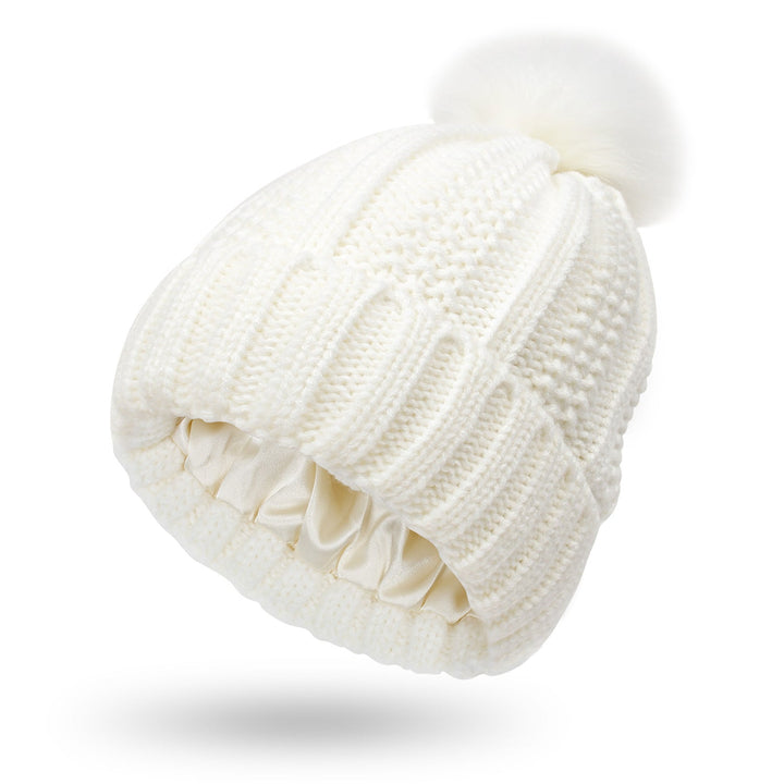 Gorro de punto elegante para mujer con pompón de piel sintética para invierno