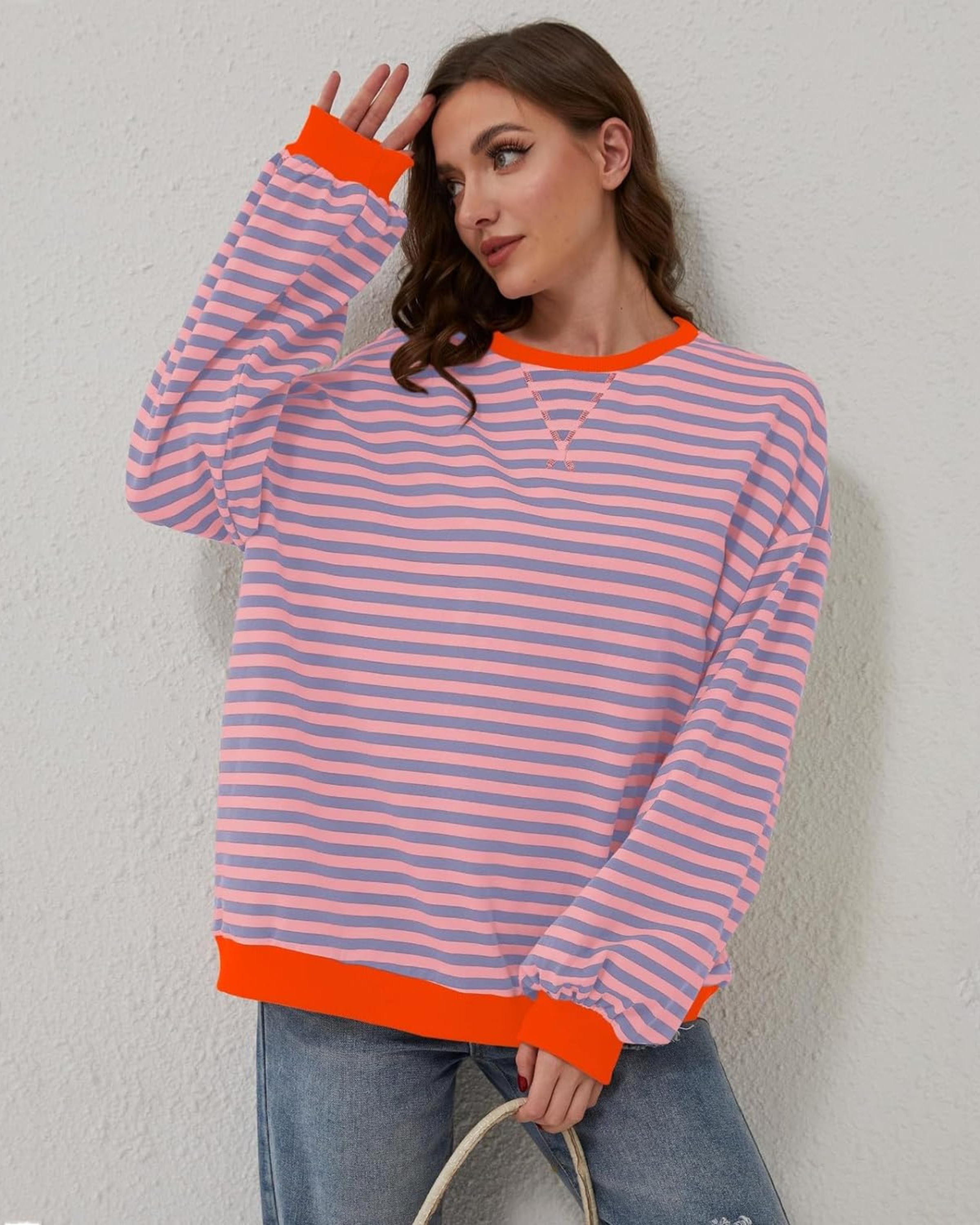 Women's Oversized Striped Sweatshirt Pink
