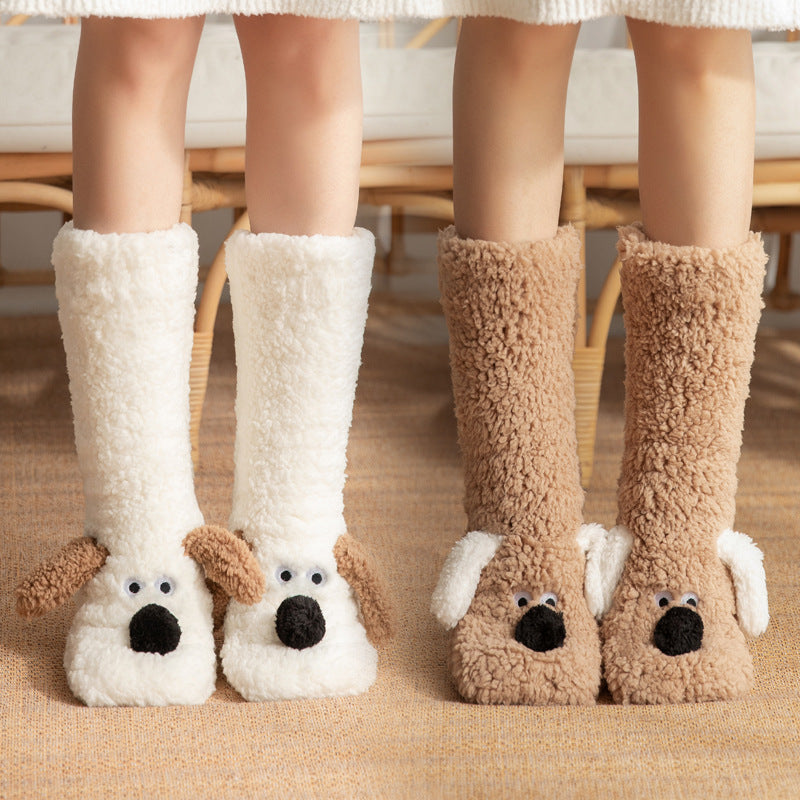 Cozy Cartoon Dog Plush Floor Socks for Women - Non-Slip Winter Warmth