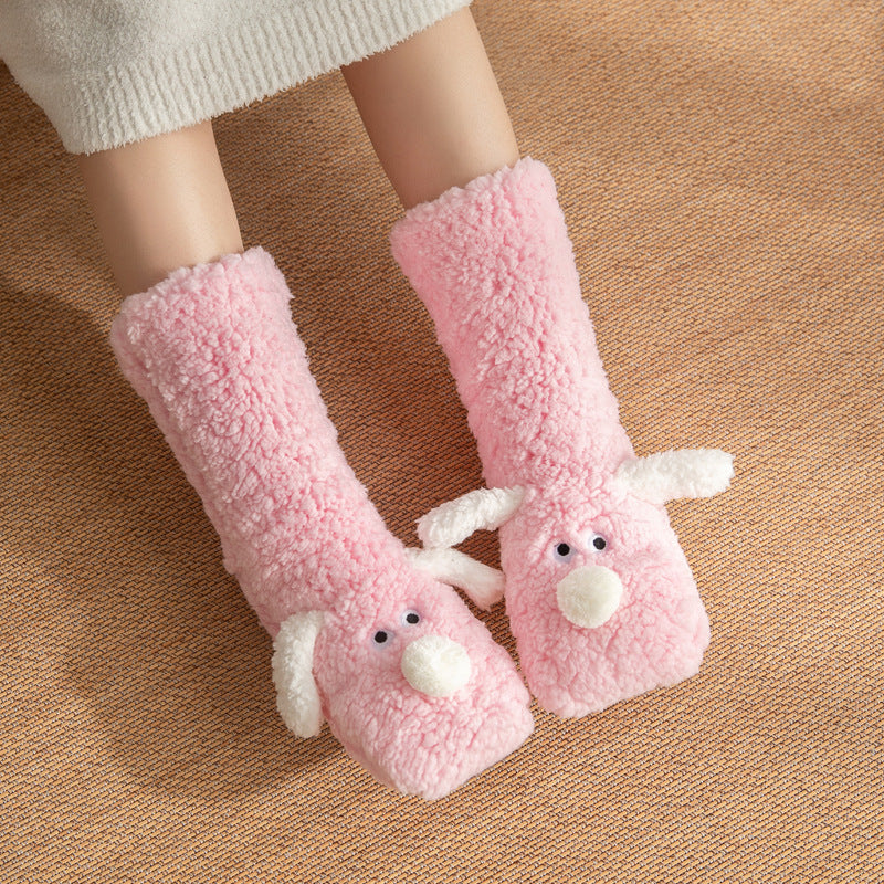 Cozy Cartoon Dog Plush Floor Socks for Women - Non-Slip Winter Warmth