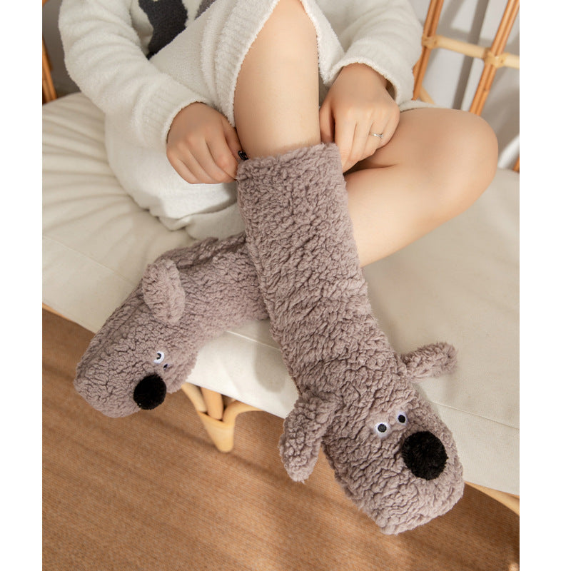 Cozy Cartoon Dog Plush Floor Socks for Women - Non-Slip Winter Warmth