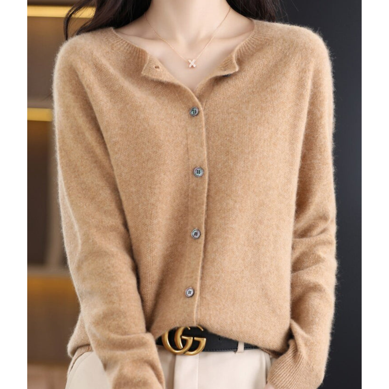Cozy Cashmere Blend Wool Cardigan for Women Light brown