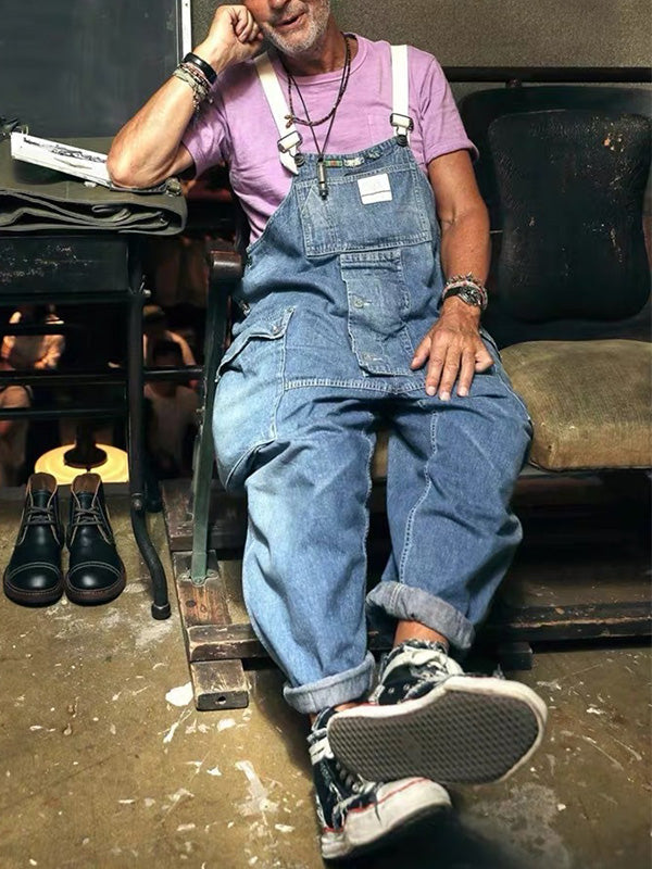 Men's Distressed Denim Multi-Pocket Overalls with Suspenders