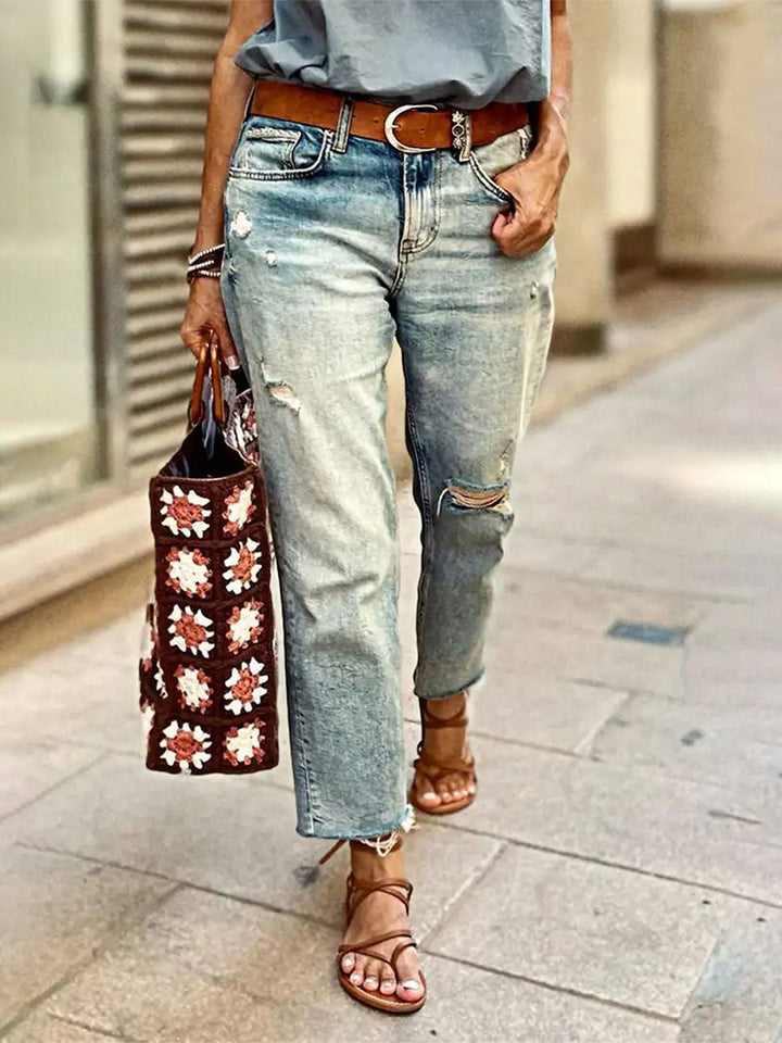 Damen Vintage-Waschung Distressed Gerade geschnittene Denim-Jeans