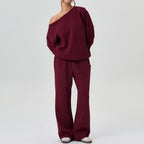 Women's Cozy Off-Shoulder Sweatshirt & Relaxed Wide-Leg Pants Set Burgundy
