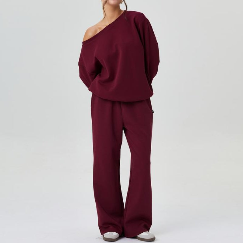 Women's Cozy Off-Shoulder Sweatshirt & Relaxed Wide-Leg Pants Set Burgundy