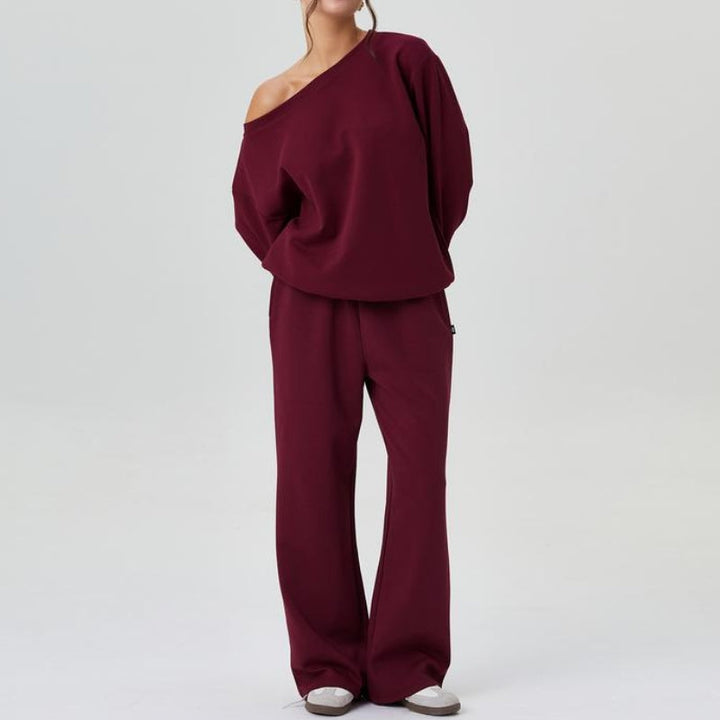 Women's Cozy Off-Shoulder Sweatshirt & Relaxed Wide-Leg Pants Set-MODAUTLET