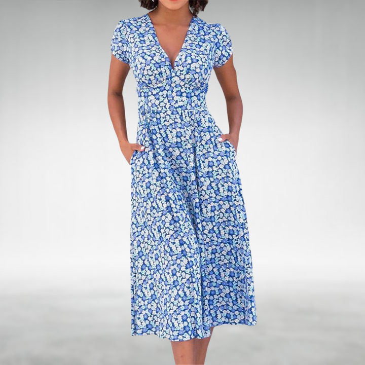 Alice | Damen Midikleid mit Blumenmuster, V-Ausschnitt und Tasche