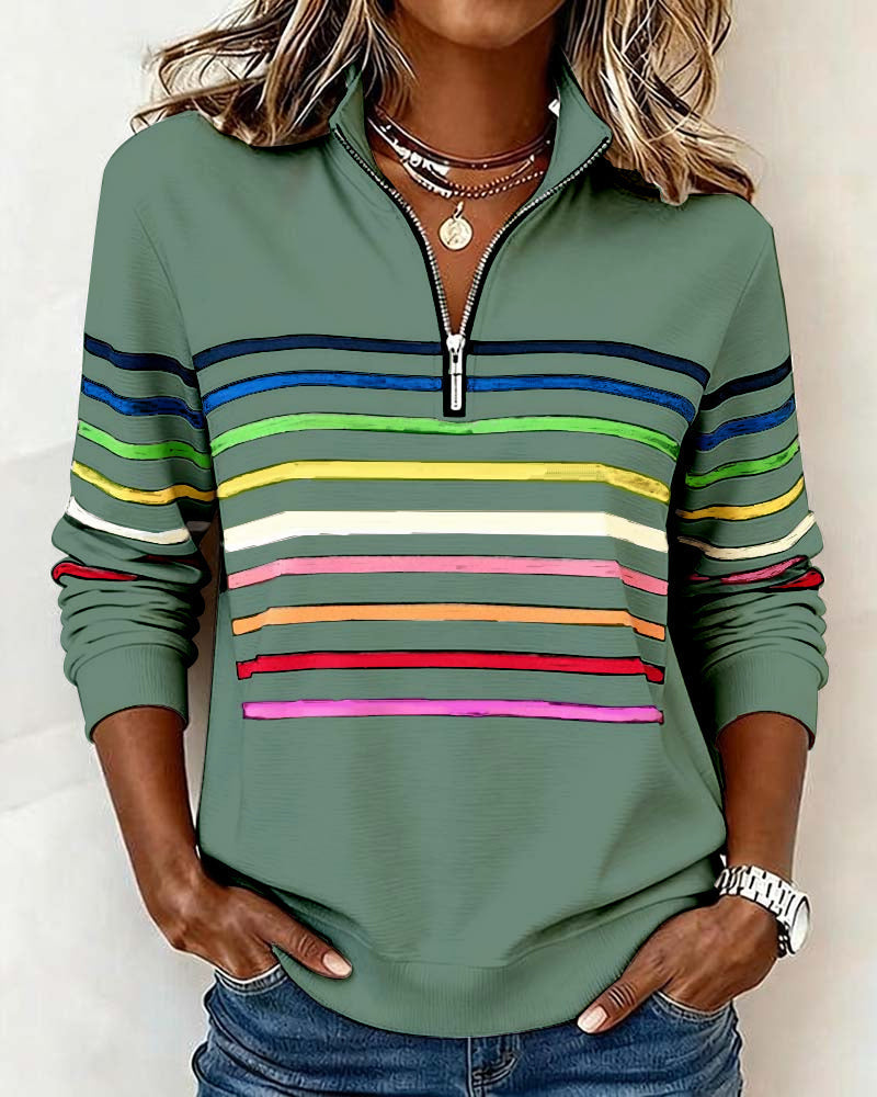Arcadia | Sweat-shirt pour femme avec demi-fermeture éclair et rayures arc-en-ciel