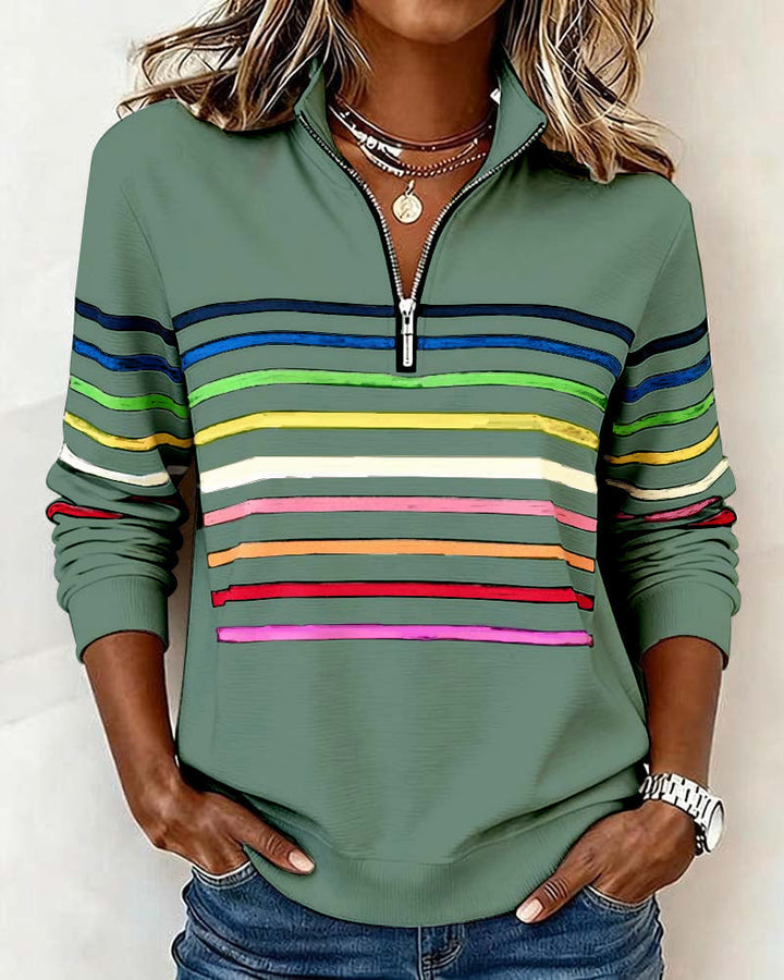 Arcadia | Sweat-shirt pour femme avec demi-fermeture éclair et rayures arc-en-ciel