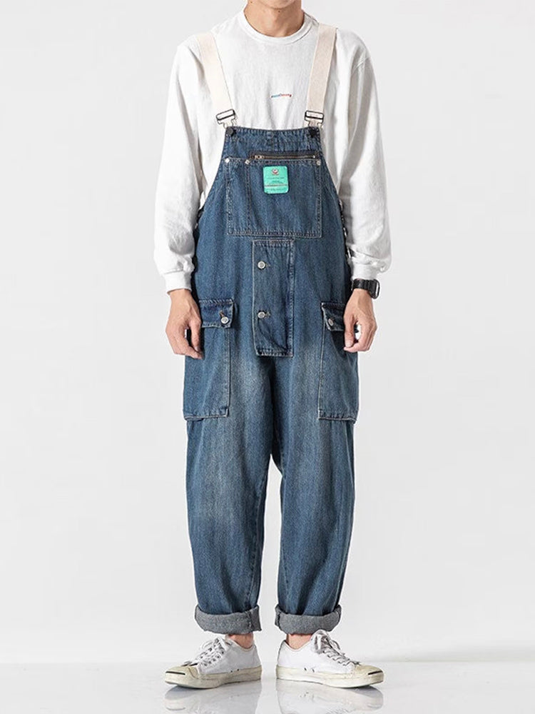 Men's Distressed Denim Multi-Pocket Overalls with Suspenders