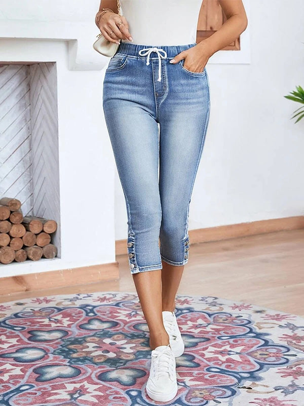 Pantalones Capri de Mezclilla para Mujer con Cintura Elástica y Cordón Ajustable