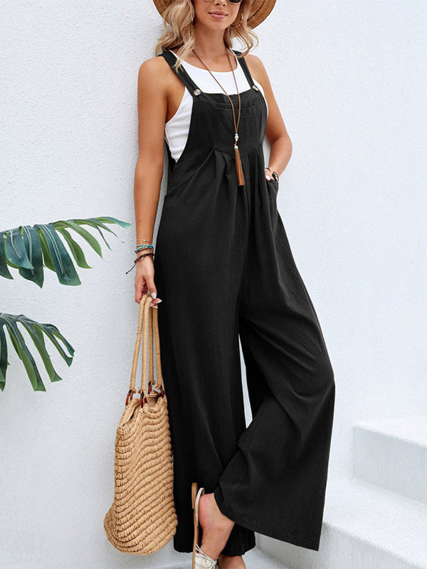 Damen Jumpsuit mit weitem Bein, ärmellos, mit Knopfträgern und Taschen