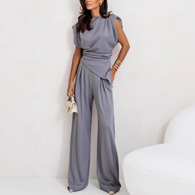 Women's Elegant Smart Casual Set: Relaxed Fit Waist-Length Top & High-Waisted Pleated Palazzo Pants Light Gray
